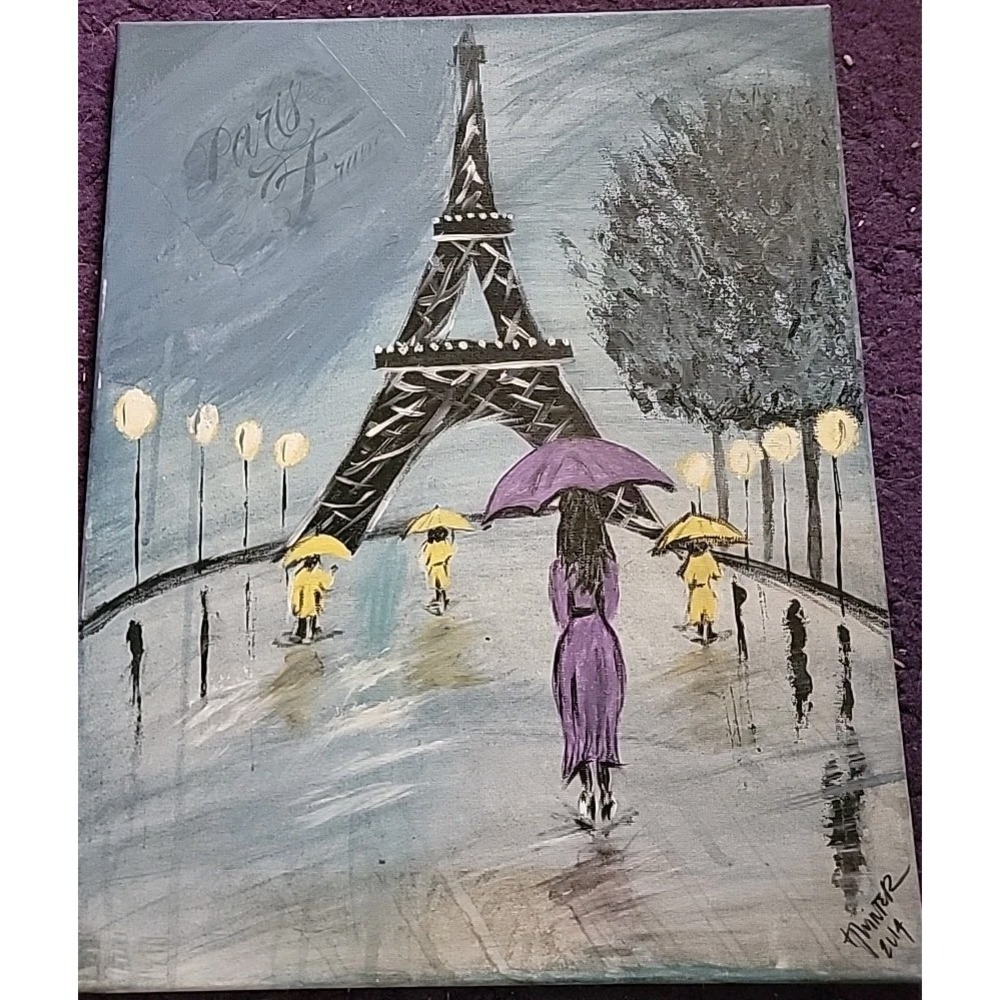 "Paris‎ Rain" Eiffel Tower Canvas Painting – Signed Winter 2014 – Purple Umbre